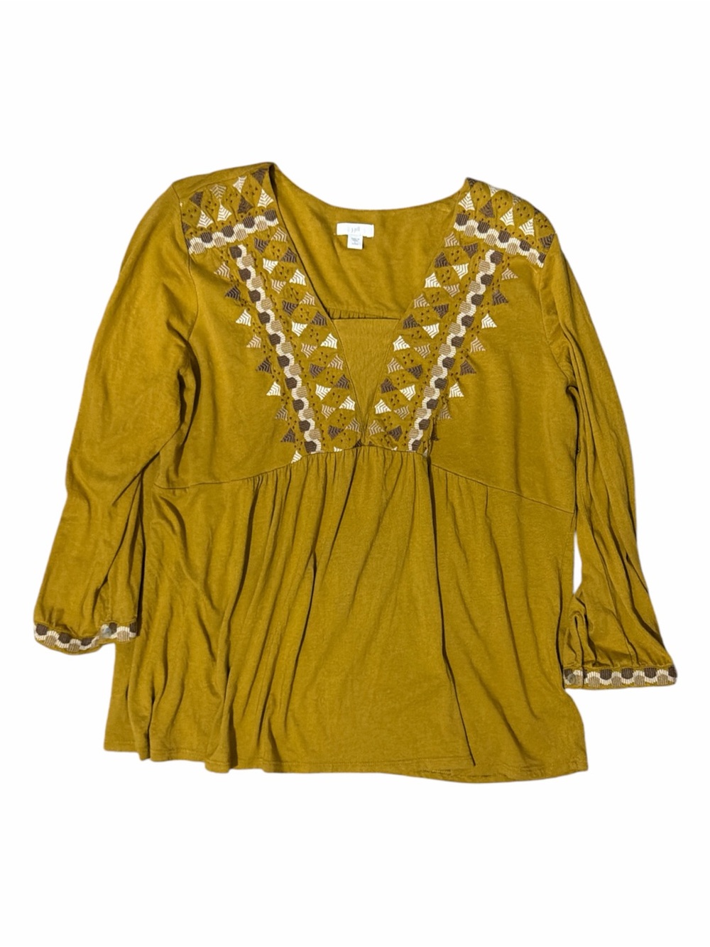 J JILL Boho Embroidered V-Neck Women's Top - Mustard